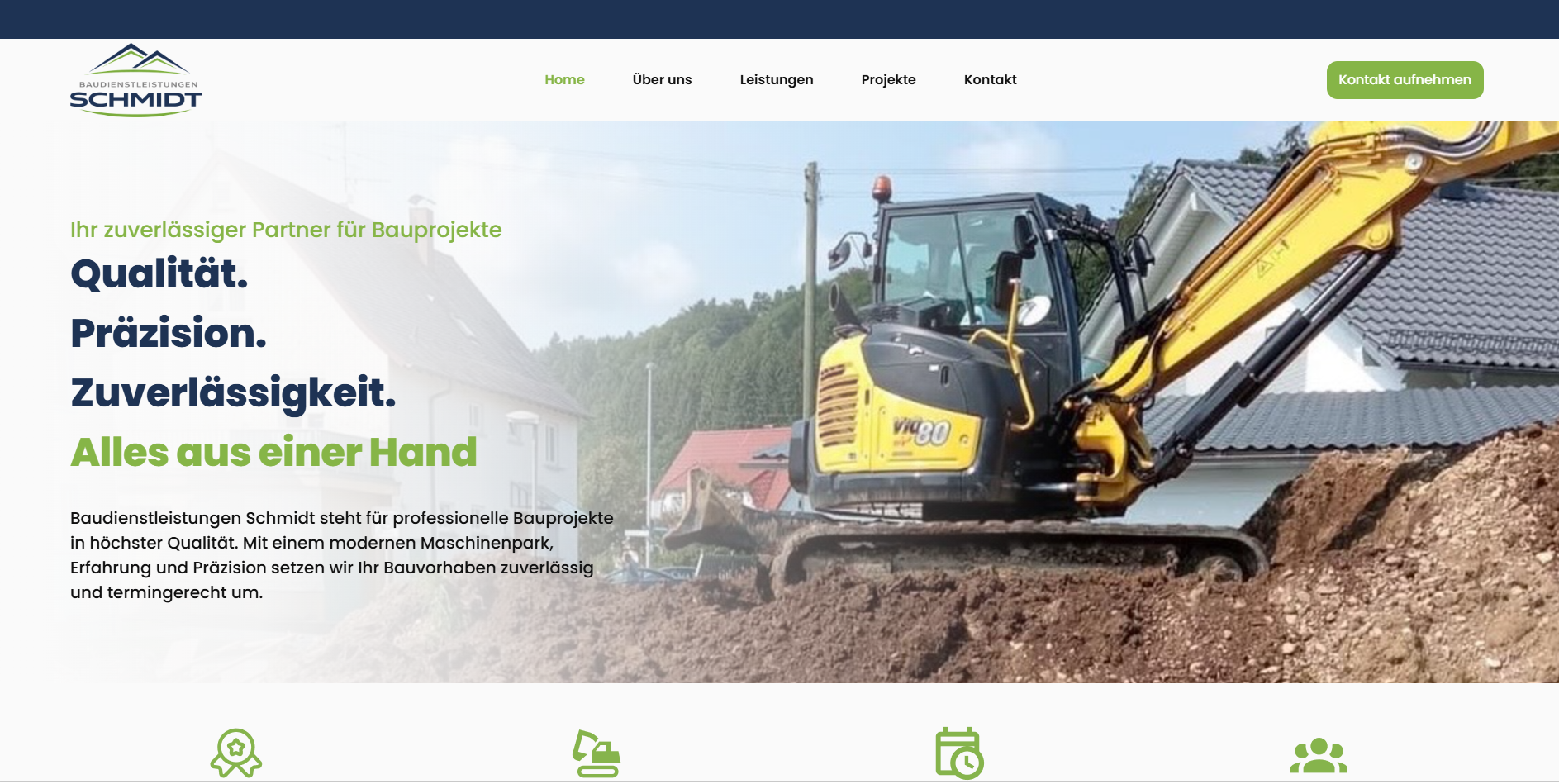 Website für Baudienstleistungen Schmidt mit Leistungsübersicht und Bagger im Hero